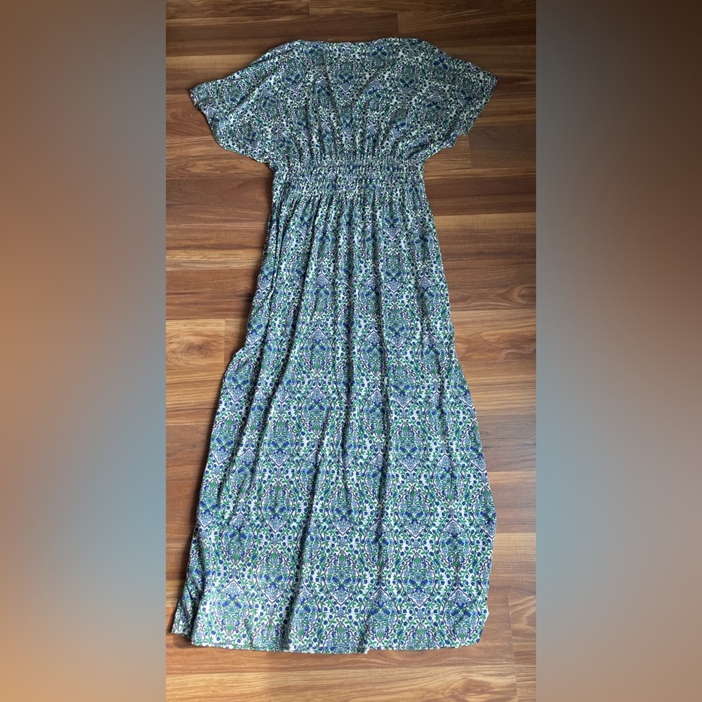 Boden 6P Petite Printed Midi Dress Blue Green Boho Smocked Waist - Picture 4 of 5